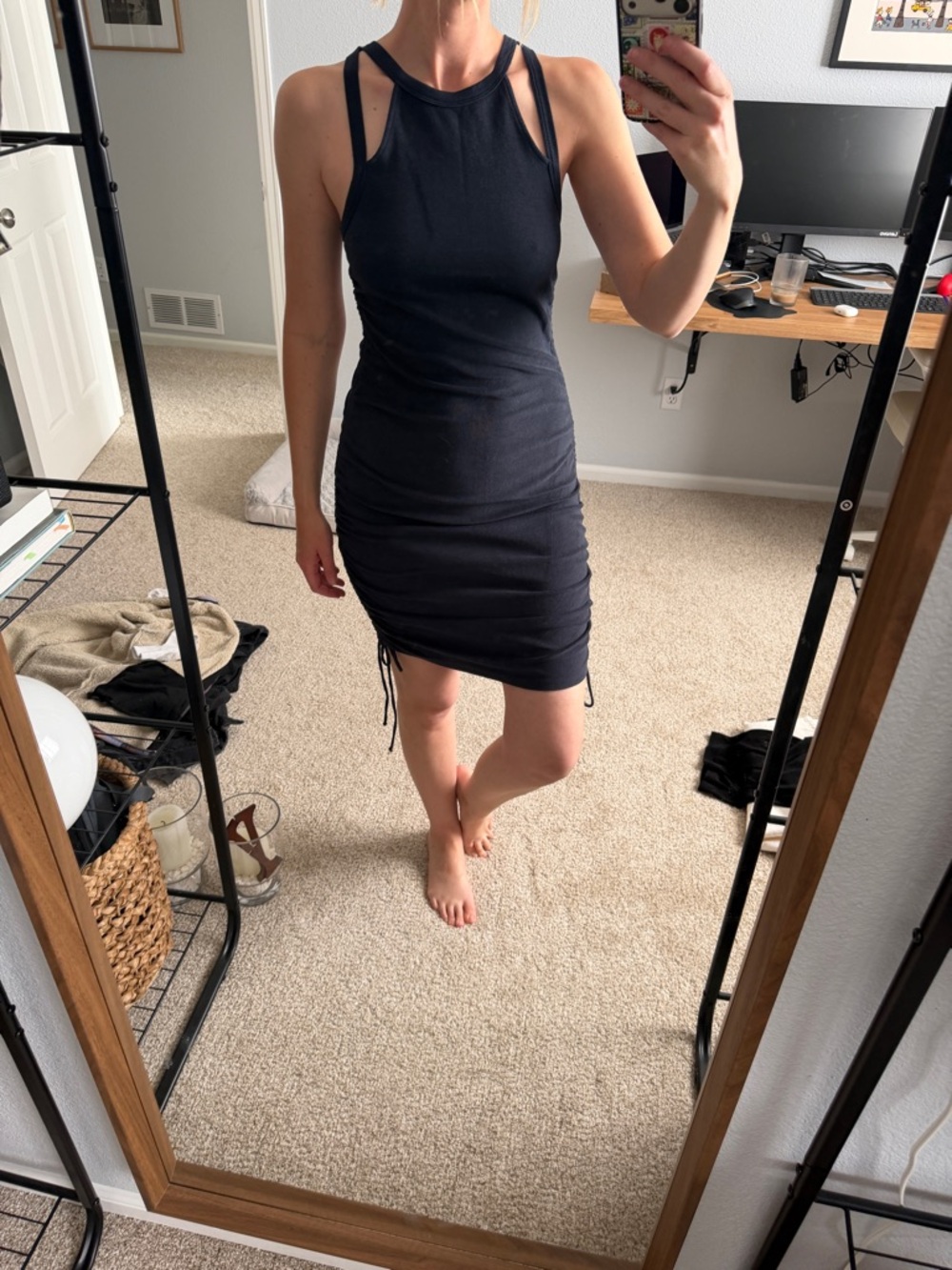 Black Ruched Tank Mini Dress with Cutout Straps